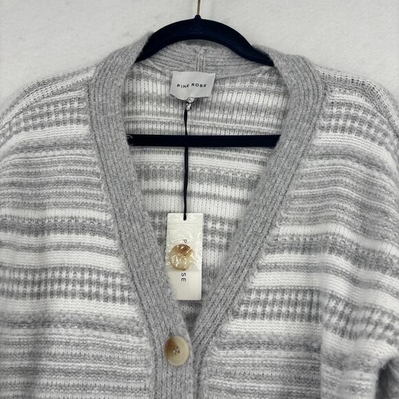 Pink Rose Belted Duster Cardigan Sweater Dress Size XL Gray White Stripe - Picture 3 of 12
